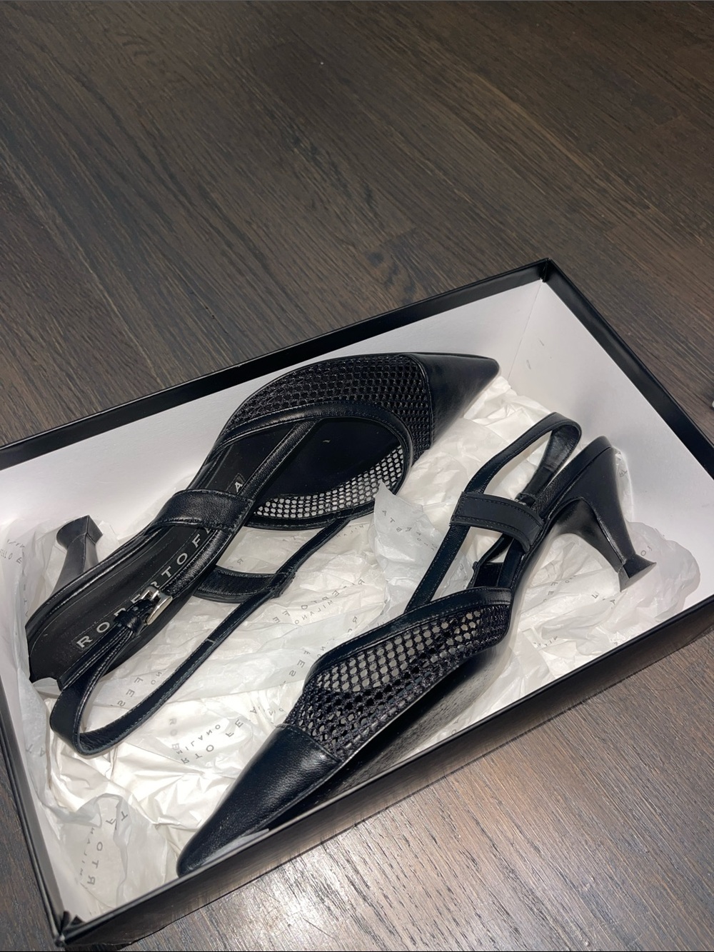 Roberto Festa Black Slingback Mesh Pointed-Toe Heels